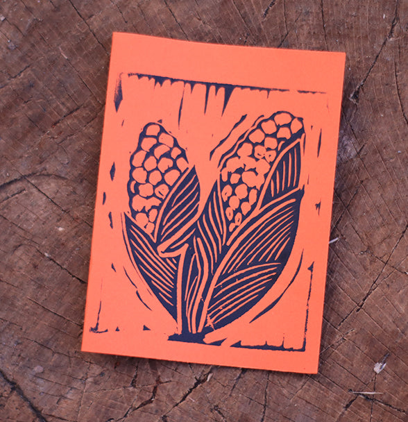 CARDS - Hand-carved Lino Print Card  - Corn -Orange
